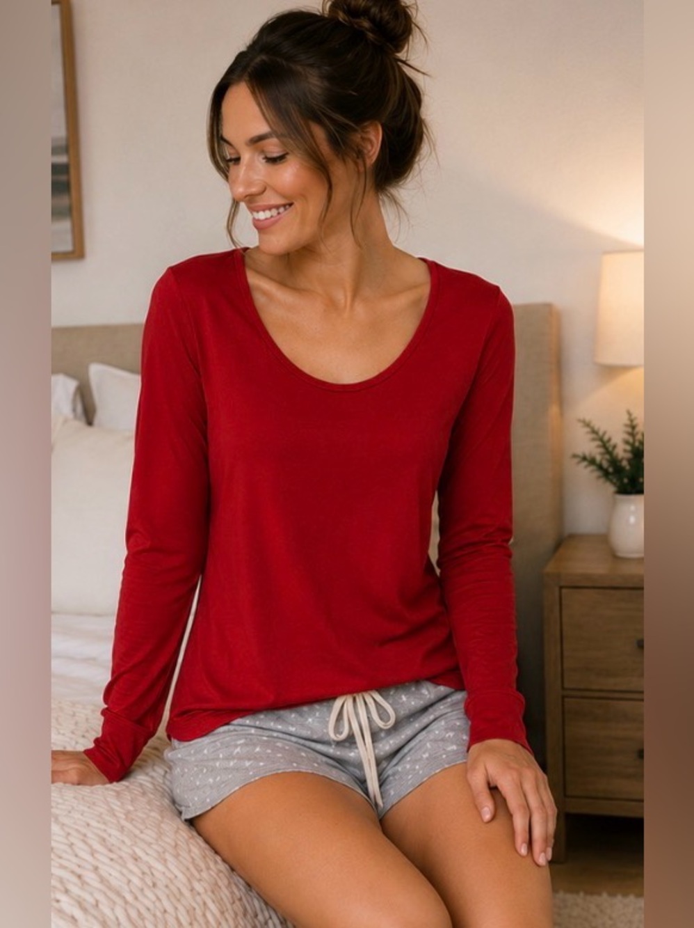 Soma XS Red Long Sleeve Sleepshirt Modal Cotton Stretch Nightshirt Lounge